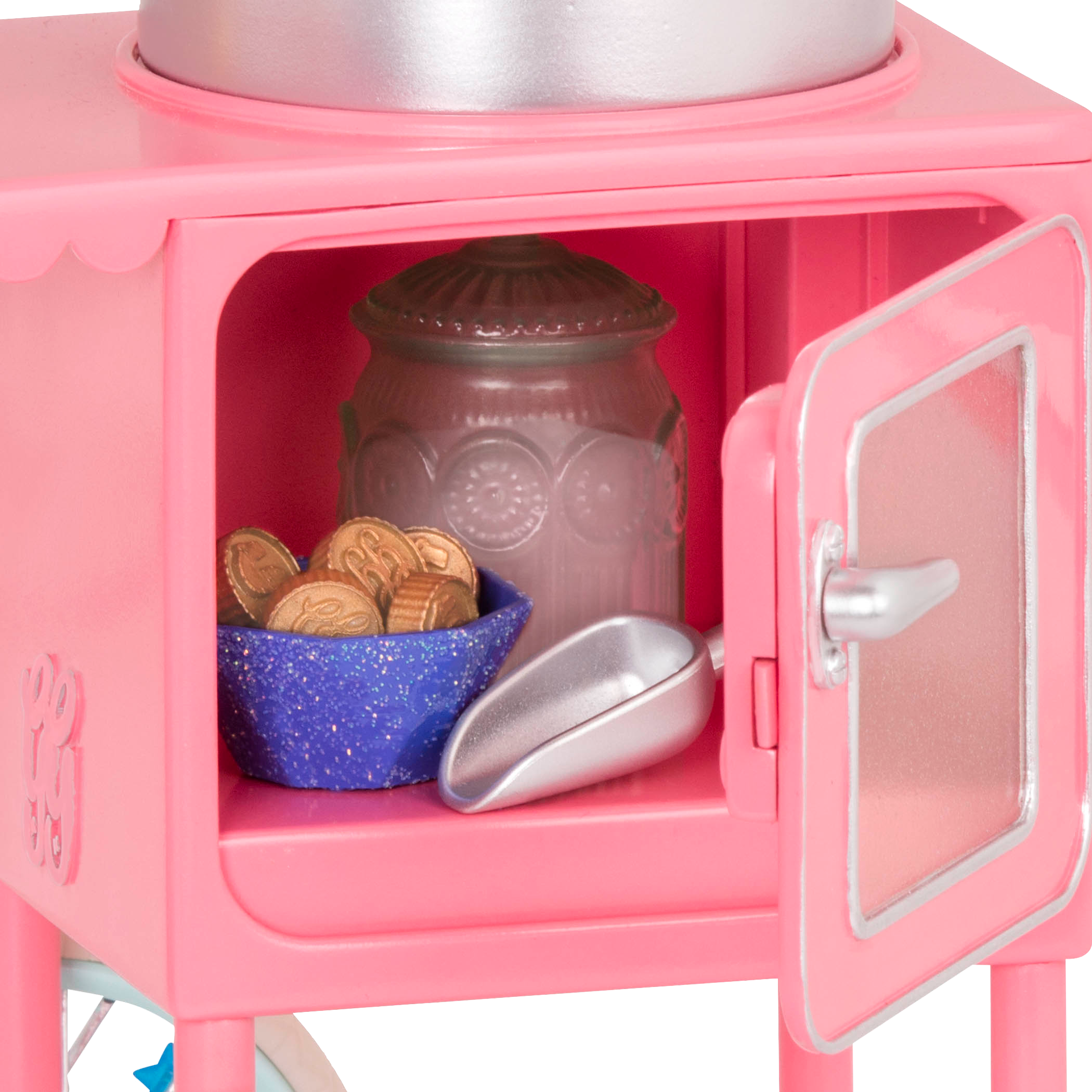 Two 14-inch dolls with toy cotton candy machine