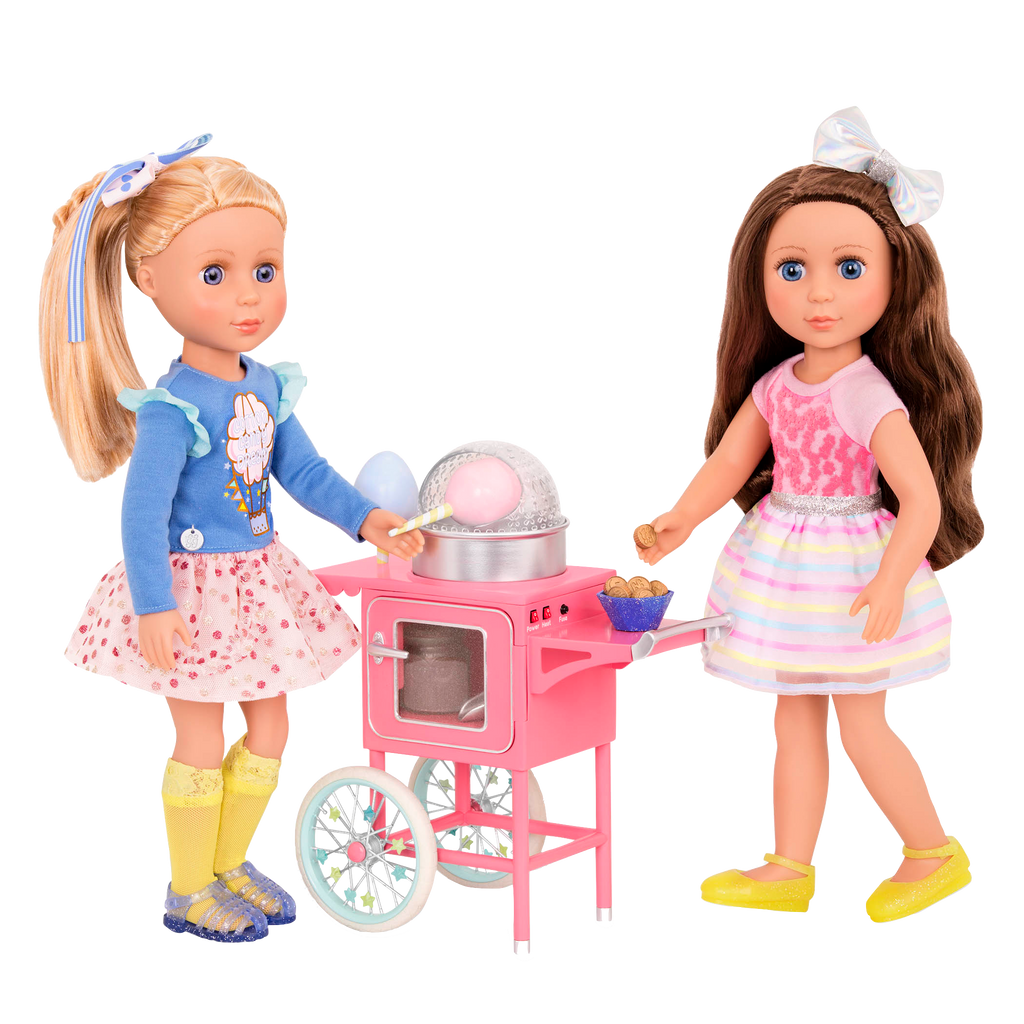 Two 14-inch dolls with toy cotton candy machine