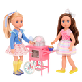 Two 14-inch dolls with toy cotton candy machine
