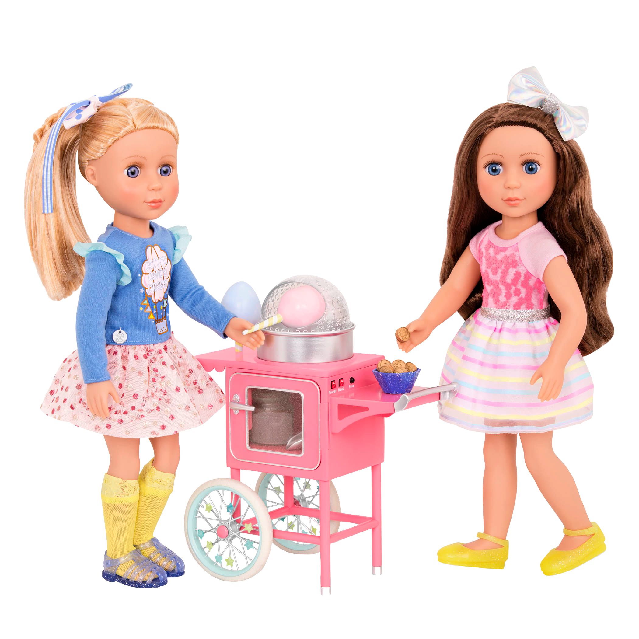 Two 14-inch dolls with toy cotton candy machine