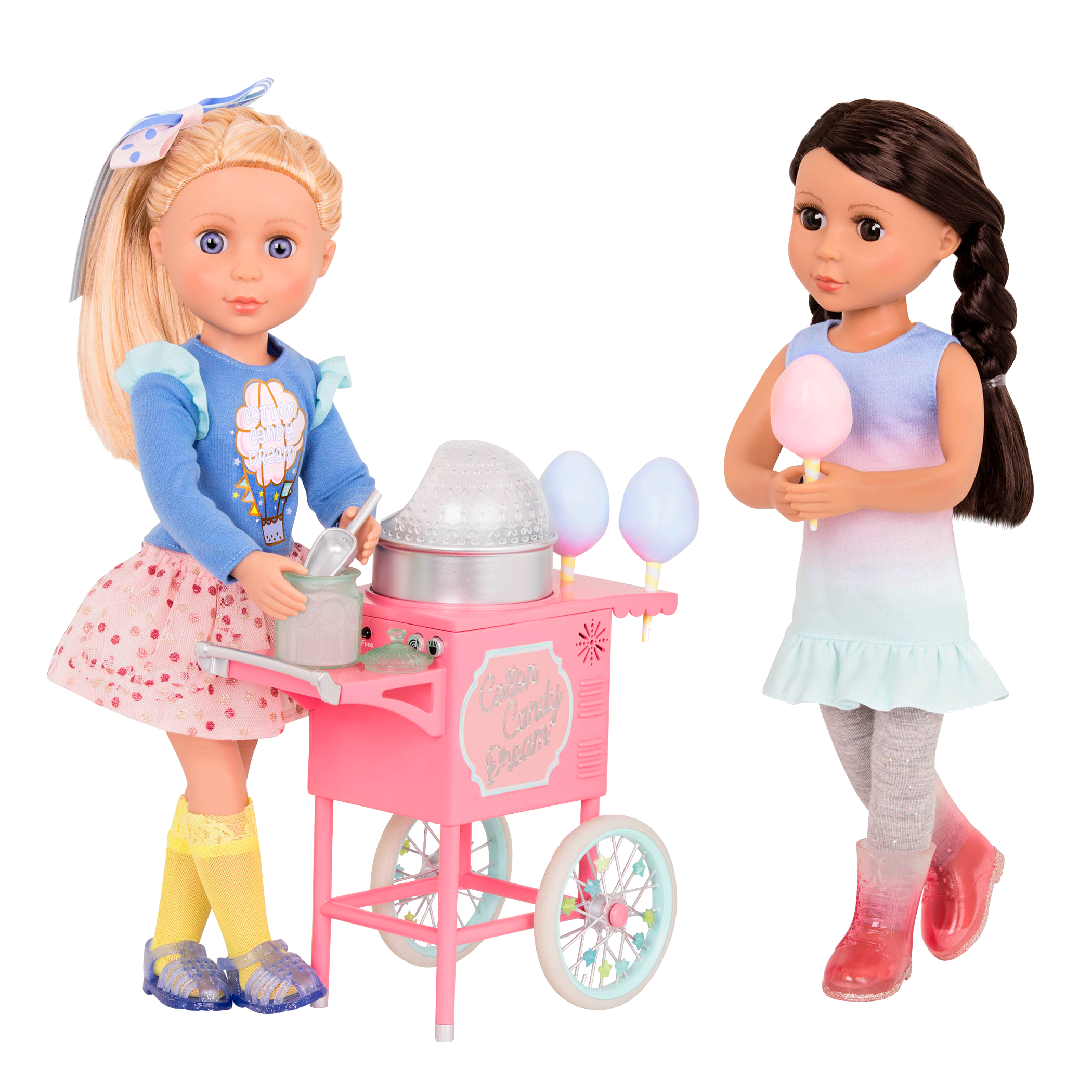 Two 14-inch dolls with toy cotton candy machine