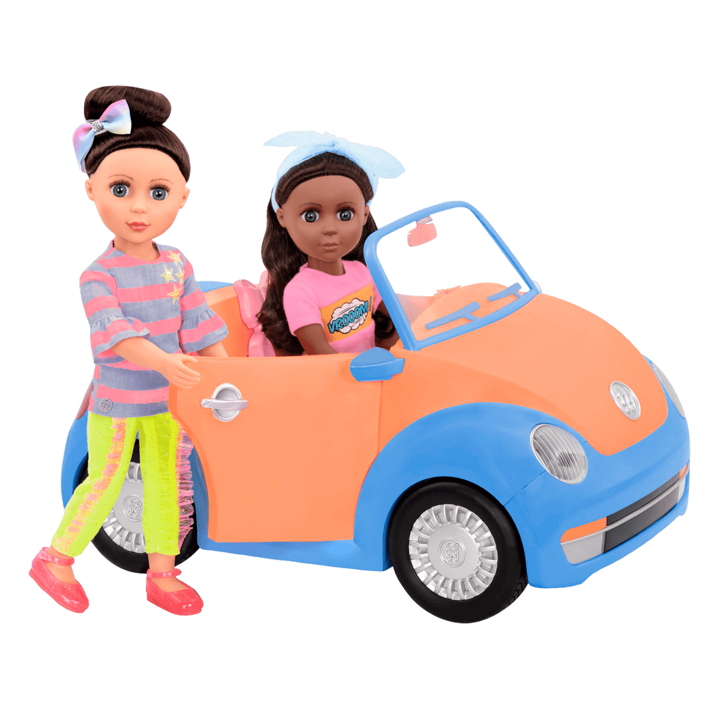 Orange and blue toy convertible punch buggy car