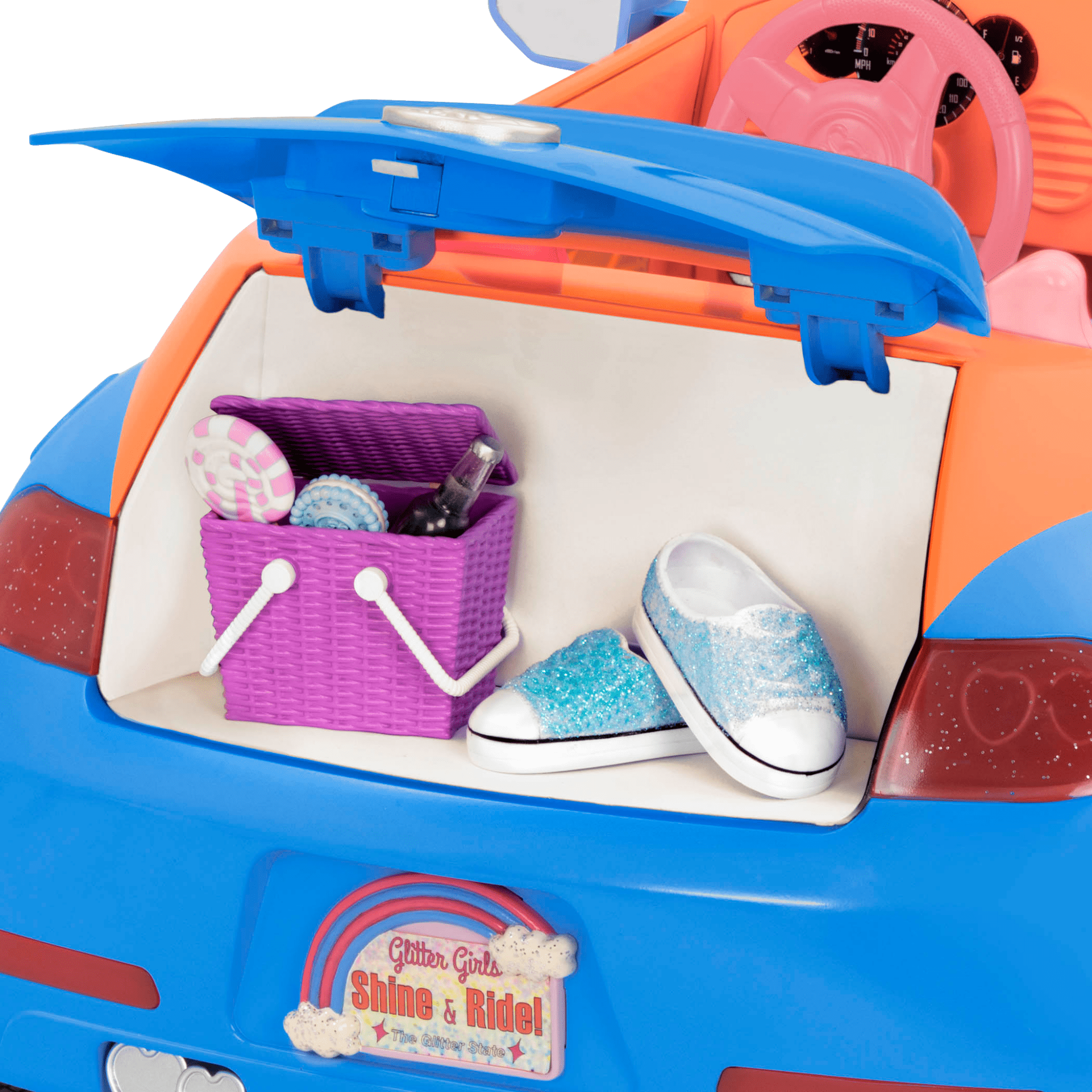 Orange and blue toy convertible punch buggy car