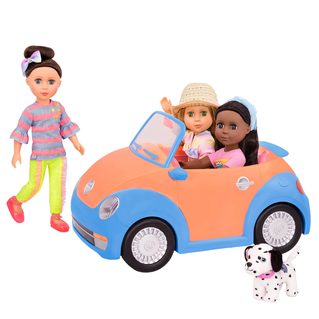 Orange and blue toy convertible punch buggy car