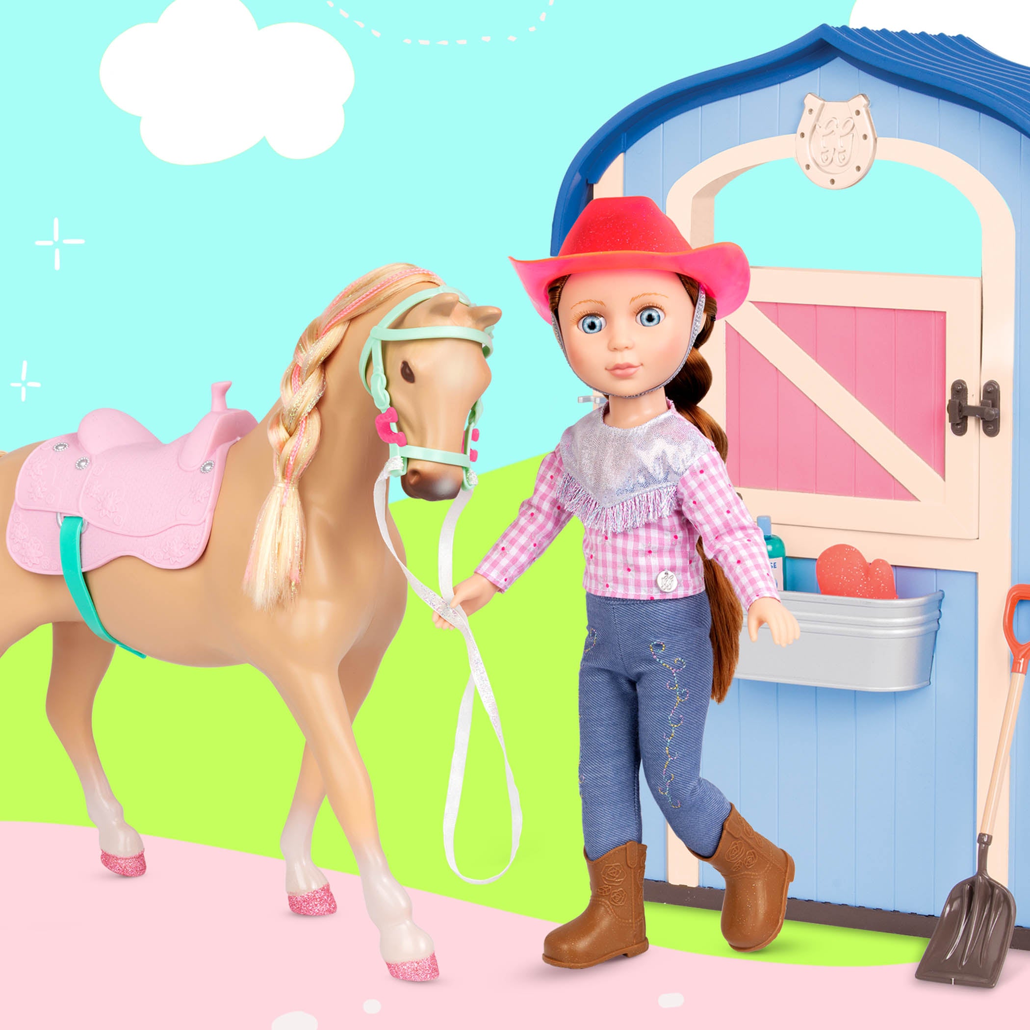 14-inch posable doll with brown hair and blue eyes next to toy horse