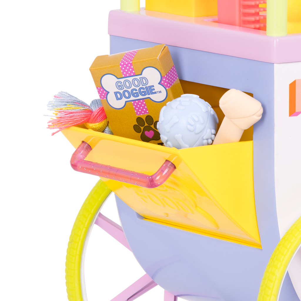 Two 14-inch dolls and chihuahua dog plushie with toy pet shop cart