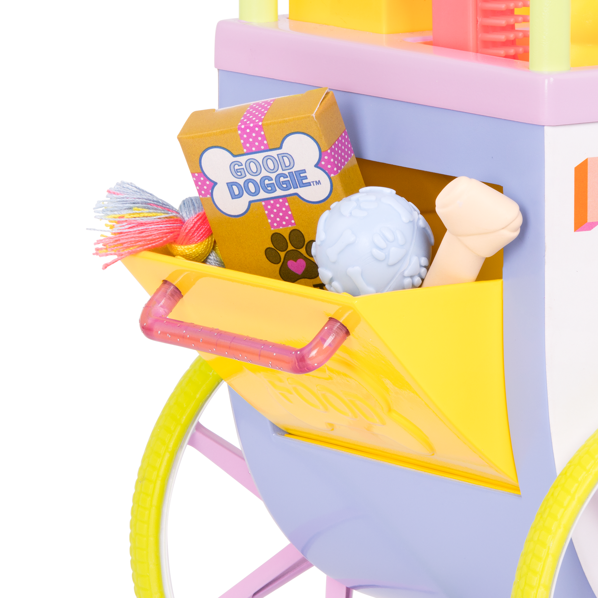 Two 14-inch dolls and chihuahua dog plushie with toy pet shop cart