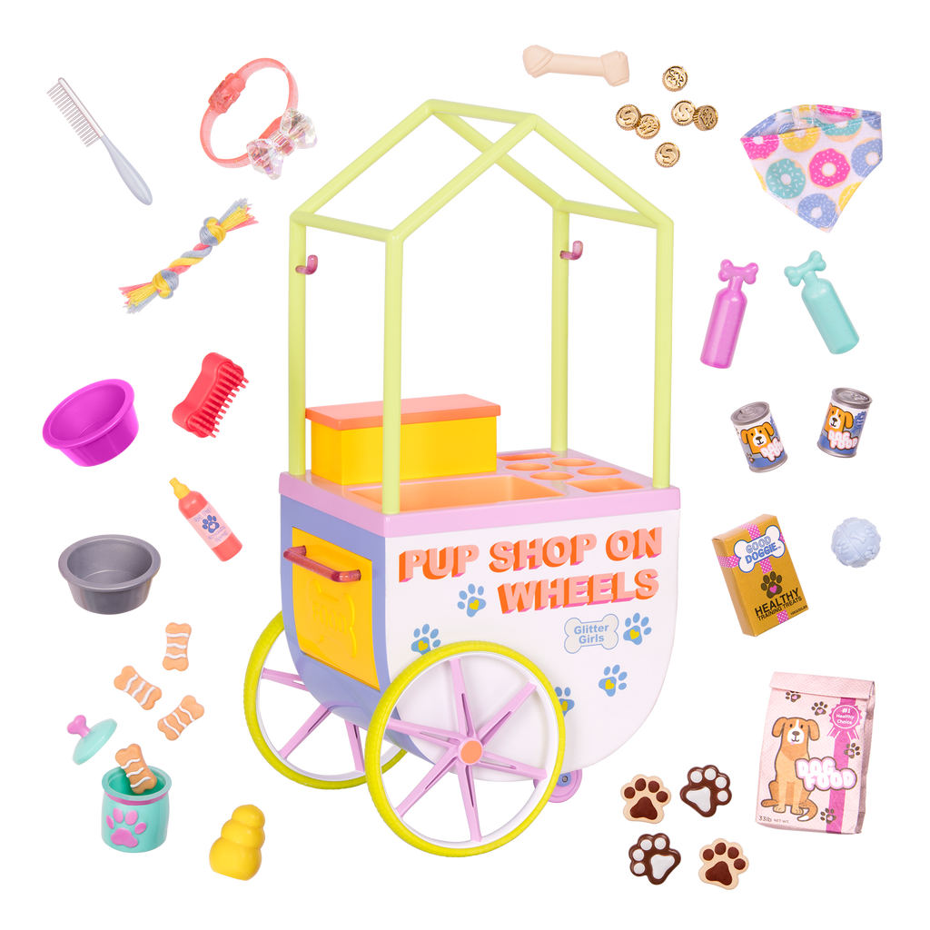 Two 14-inch dolls and chihuahua dog plushie with toy pet shop cart