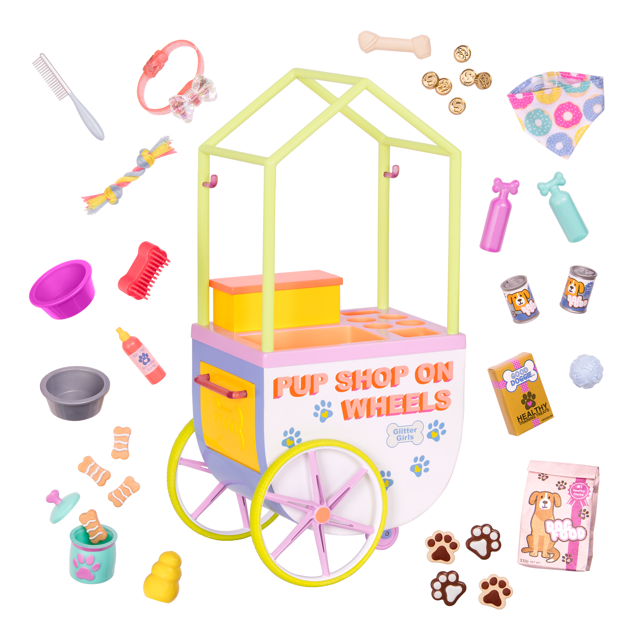 Two 14-inch dolls and chihuahua dog plushie with toy pet shop cart