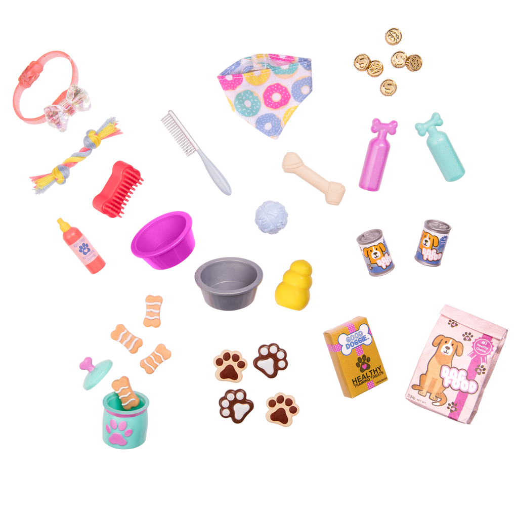 Two 14-inch dolls and chihuahua dog plushie with toy pet shop cart