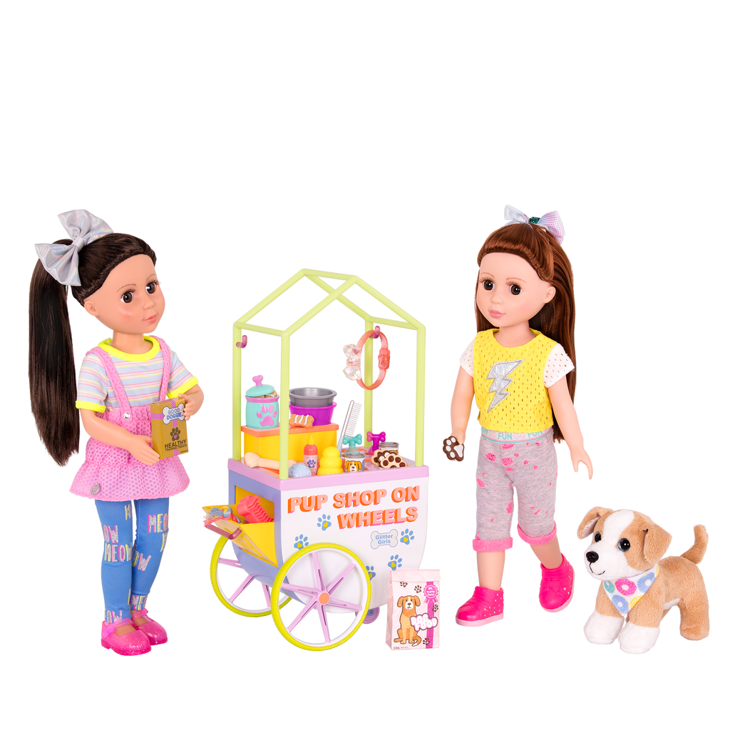 Two 14-inch dolls and chihuahua dog plushie with toy pet shop cart