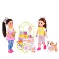Two 14-inch dolls and chihuahua dog plushie with toy pet shop cart