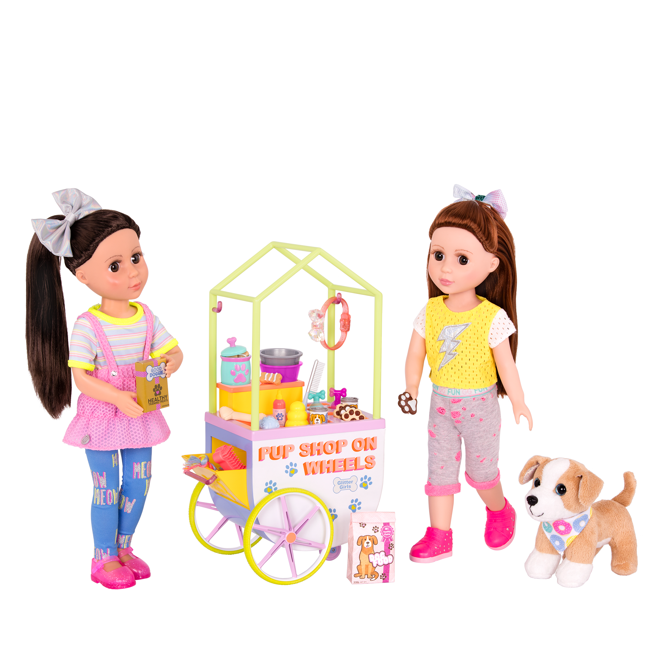 Two 14-inch dolls and chihuahua dog plushie with toy pet shop cart