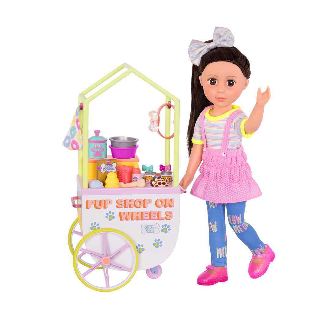 Two 14-inch dolls and chihuahua dog plushie with toy pet shop cart