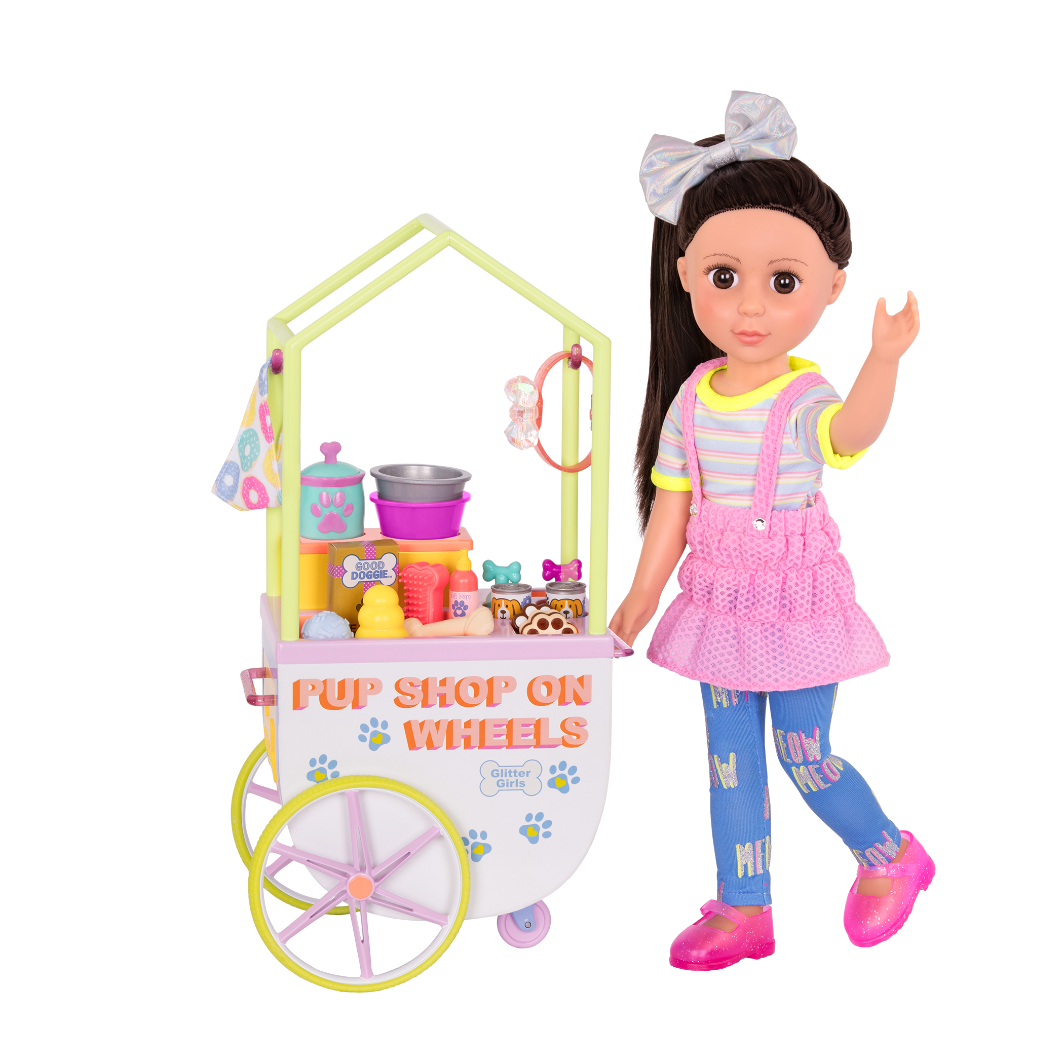 Two 14-inch dolls and chihuahua dog plushie with toy pet shop cart