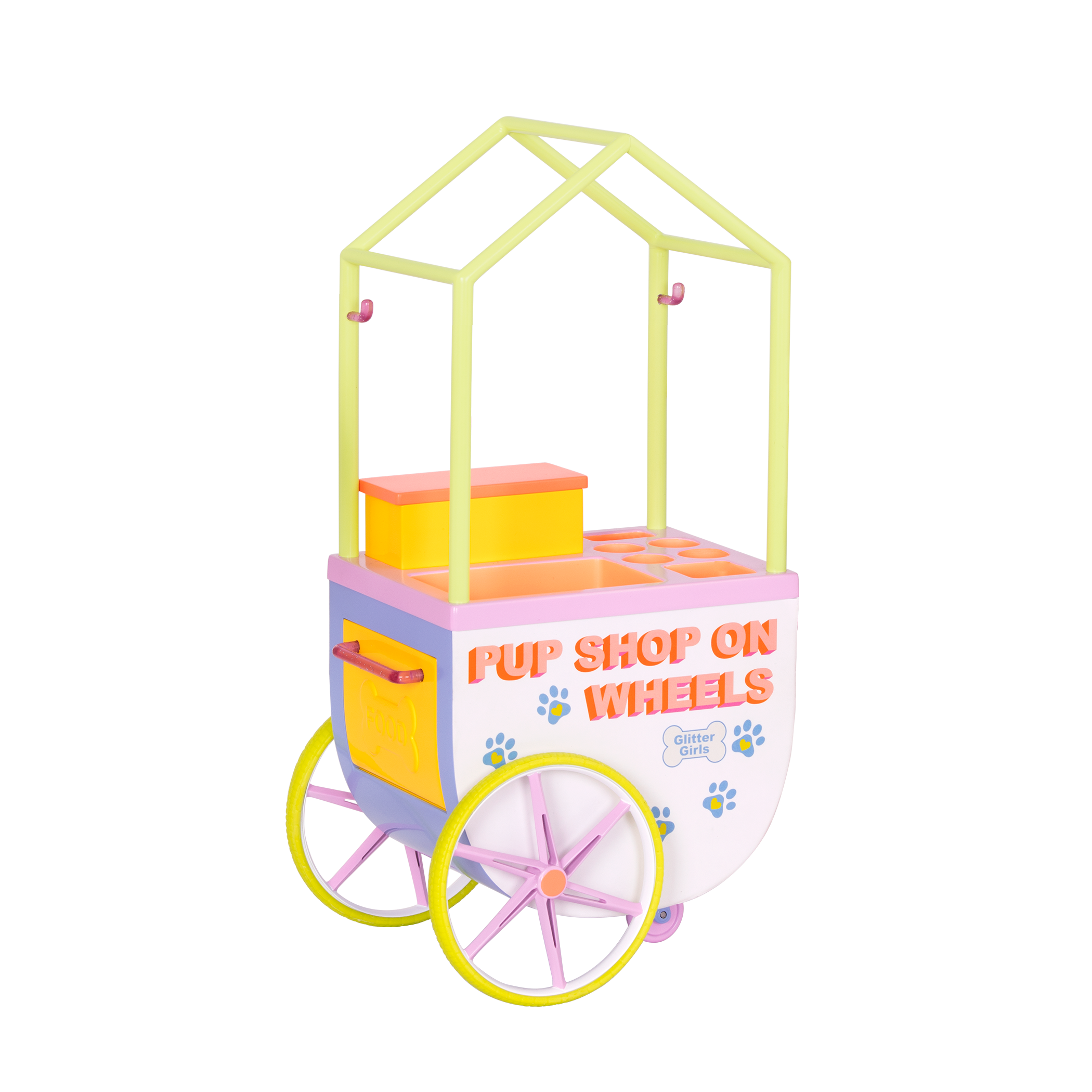 Two 14-inch dolls and chihuahua dog plushie with toy pet shop cart