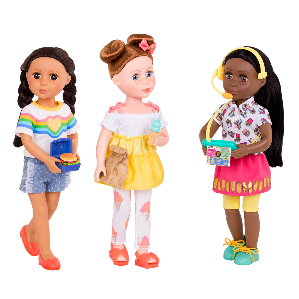 Two 14-inch dolls with drive-thru accessories and toy food