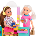 Two 14-inch dolls with drive-thru accessories and toy food