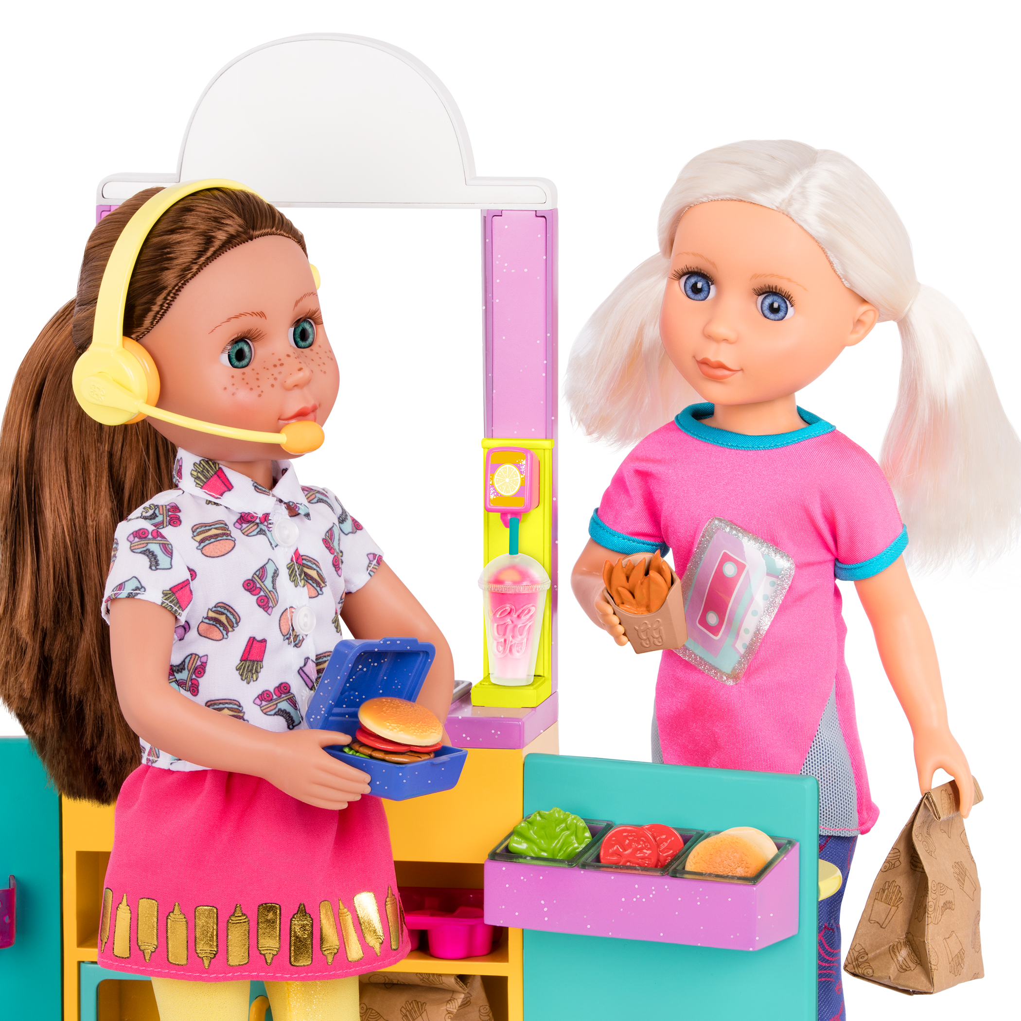 Two 14-inch dolls with drive-thru accessories and toy food