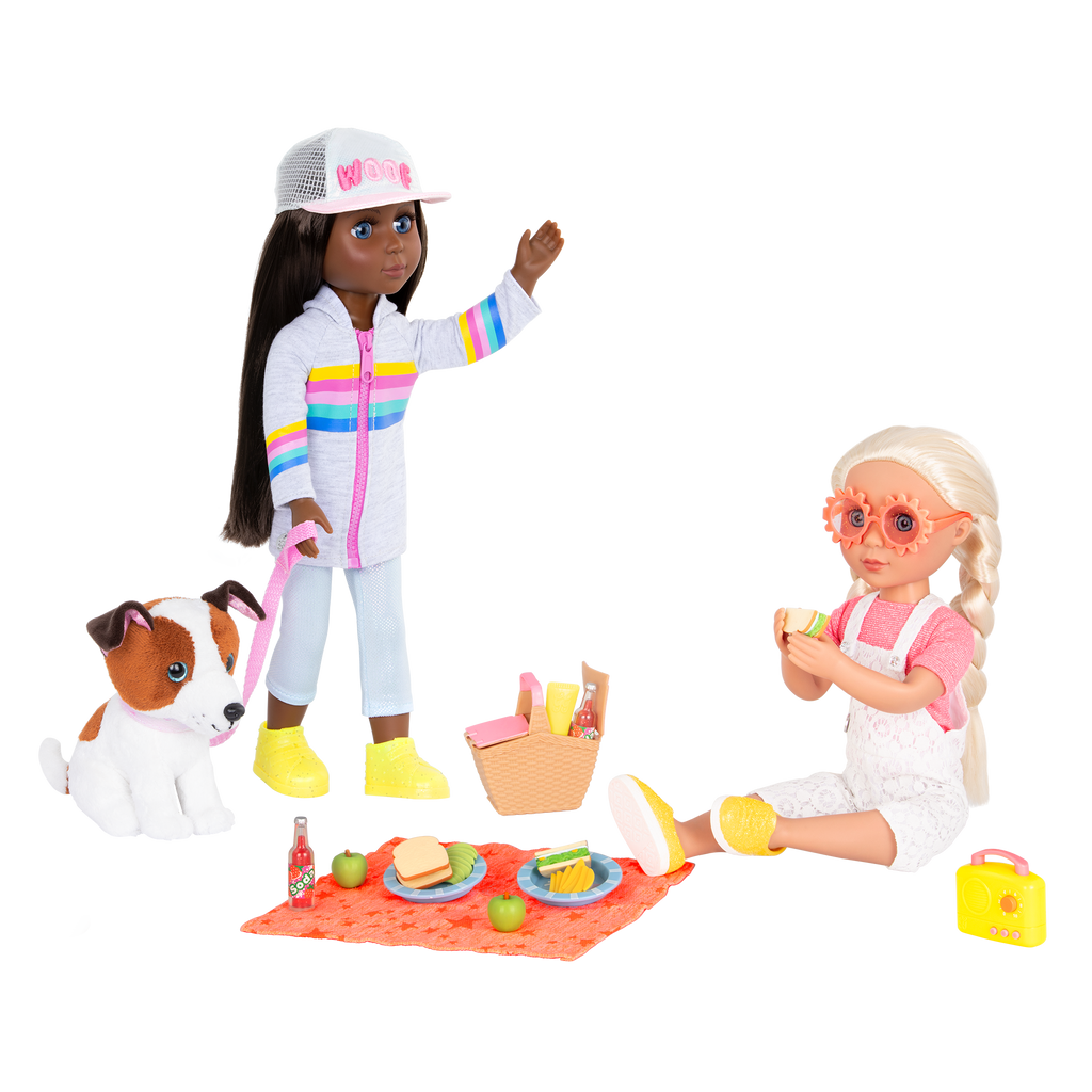 Two 14-inch dolls and Shiba Inu dog plushie with picnic playset