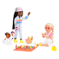 Two 14-inch dolls and Shiba Inu dog plushie with picnic playset