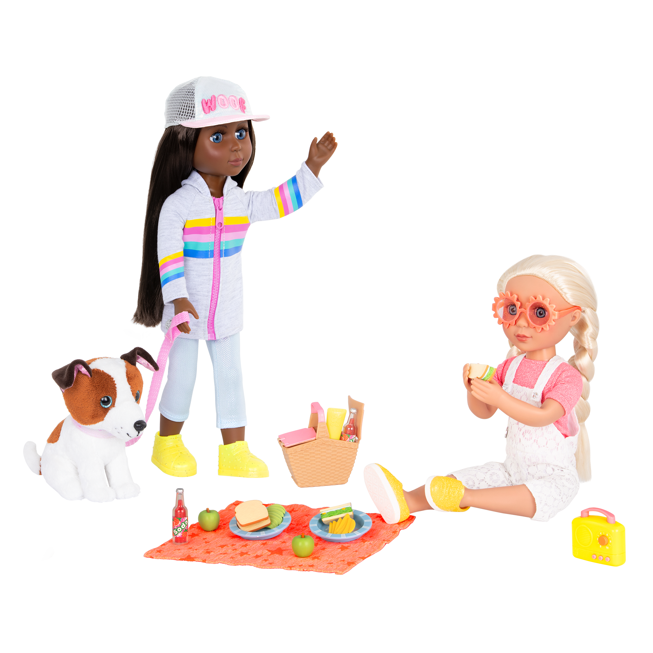 Two 14-inch dolls and Shiba Inu dog plushie with picnic playset