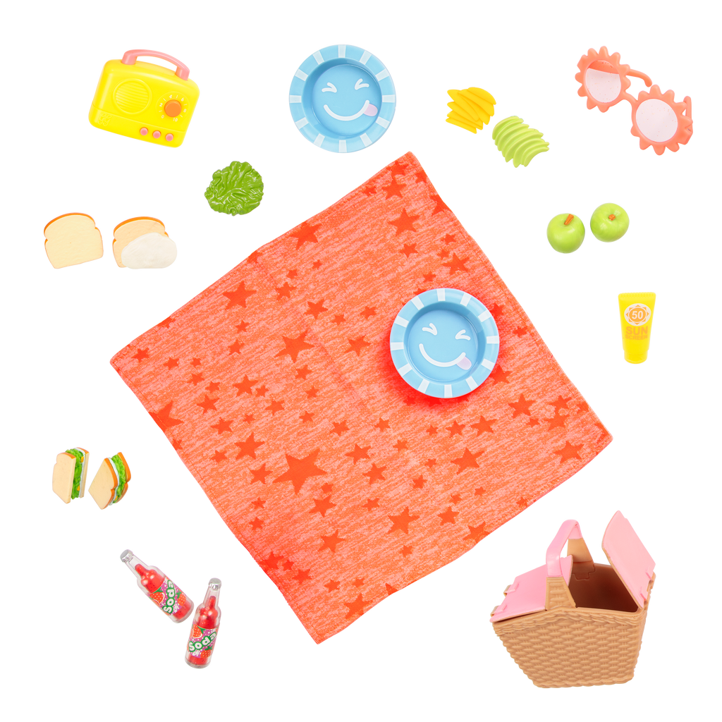 Two 14-inch dolls and Shiba Inu dog plushie with picnic playset