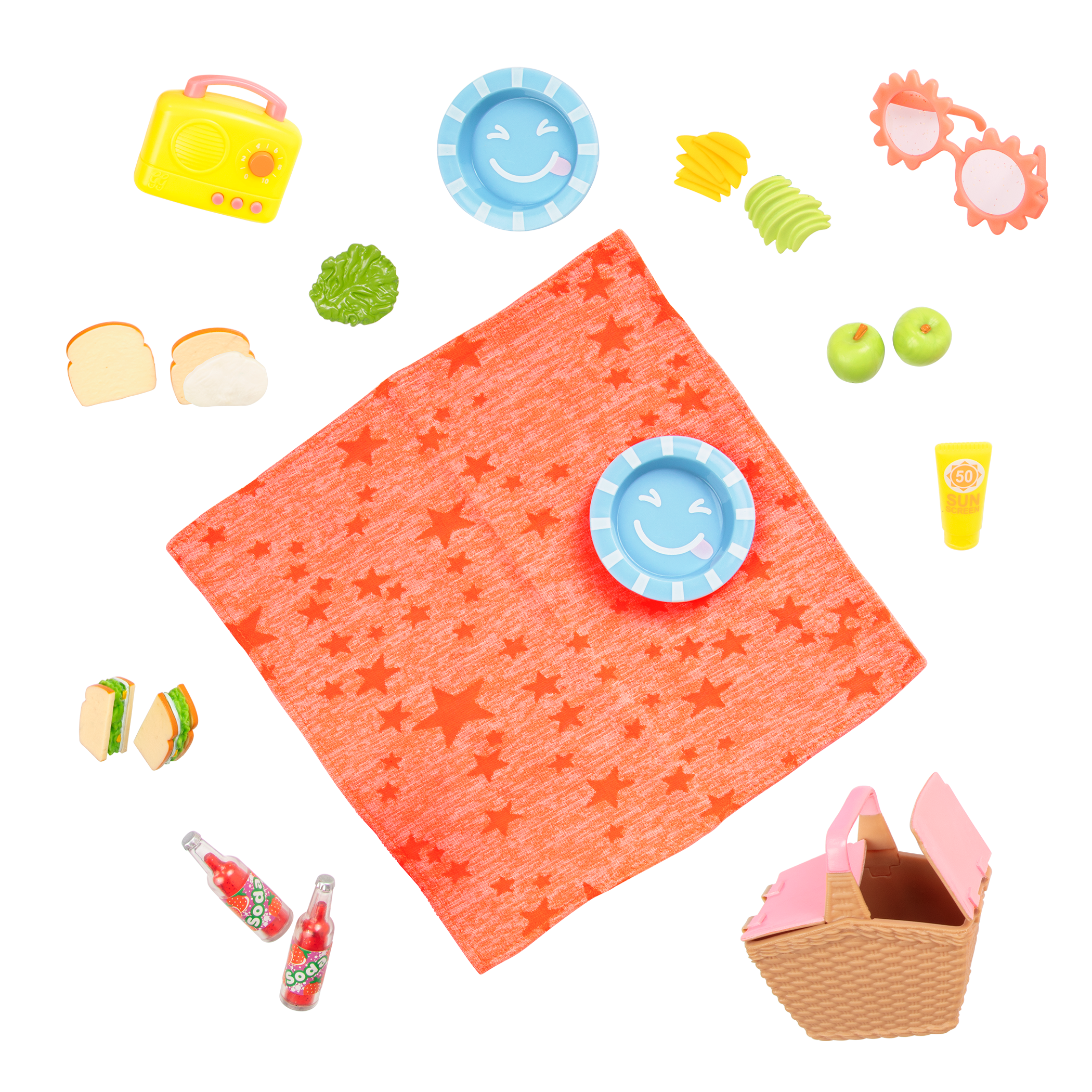 Two 14-inch dolls and Shiba Inu dog plushie with picnic playset