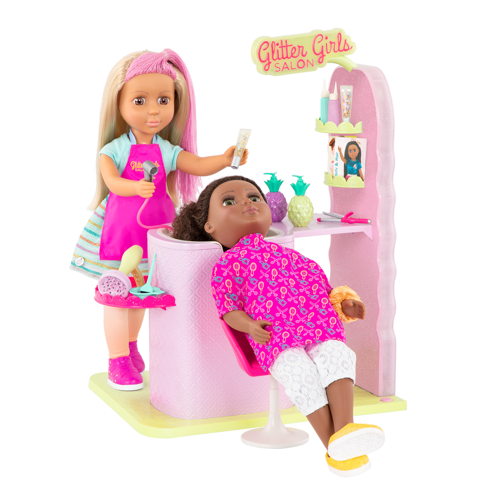 Two 14-inch dolls with hair salon playset