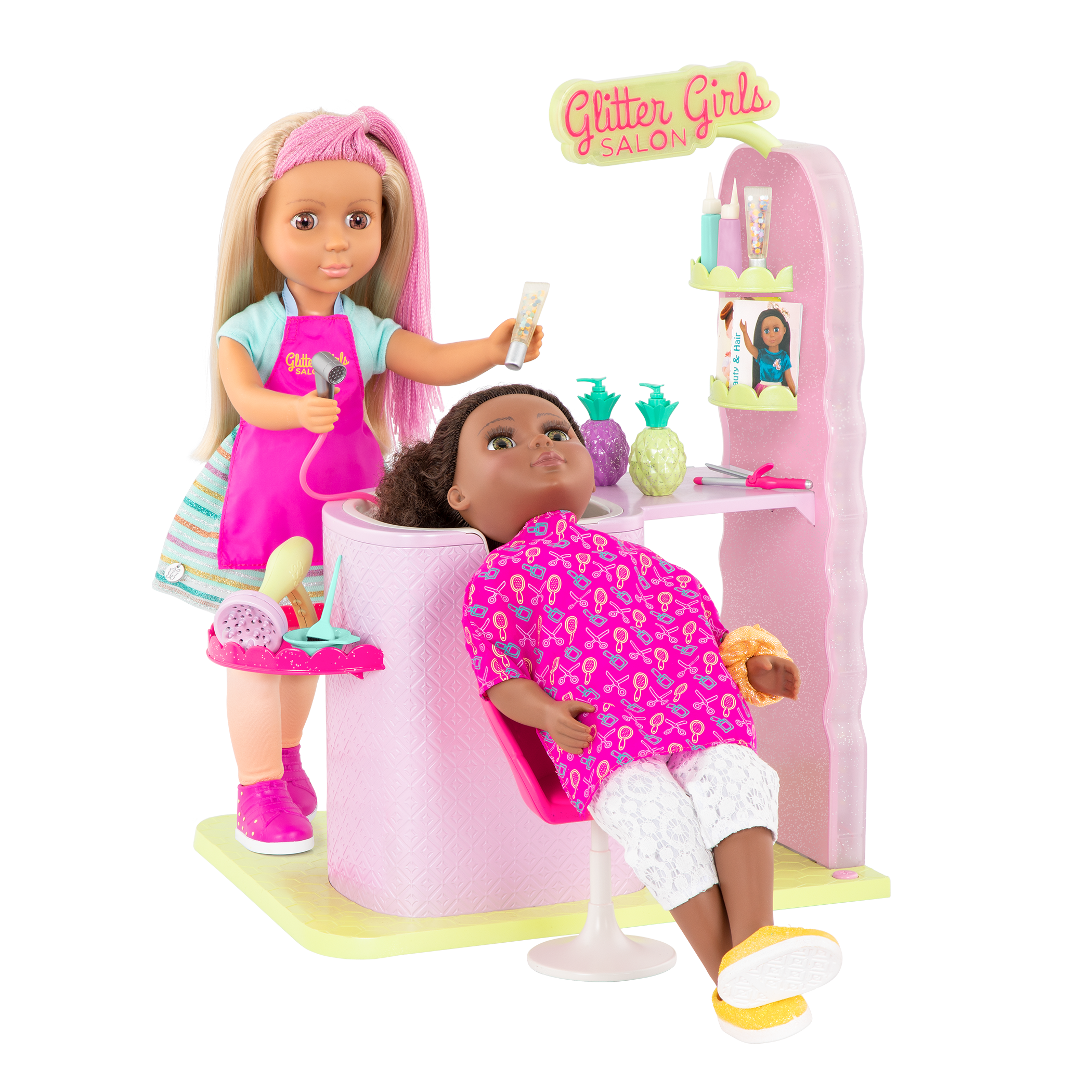Two 14-inch dolls with hair salon playset