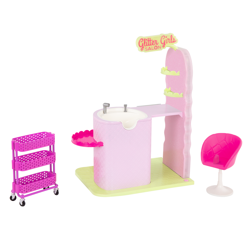 Two 14-inch dolls with hair salon playset