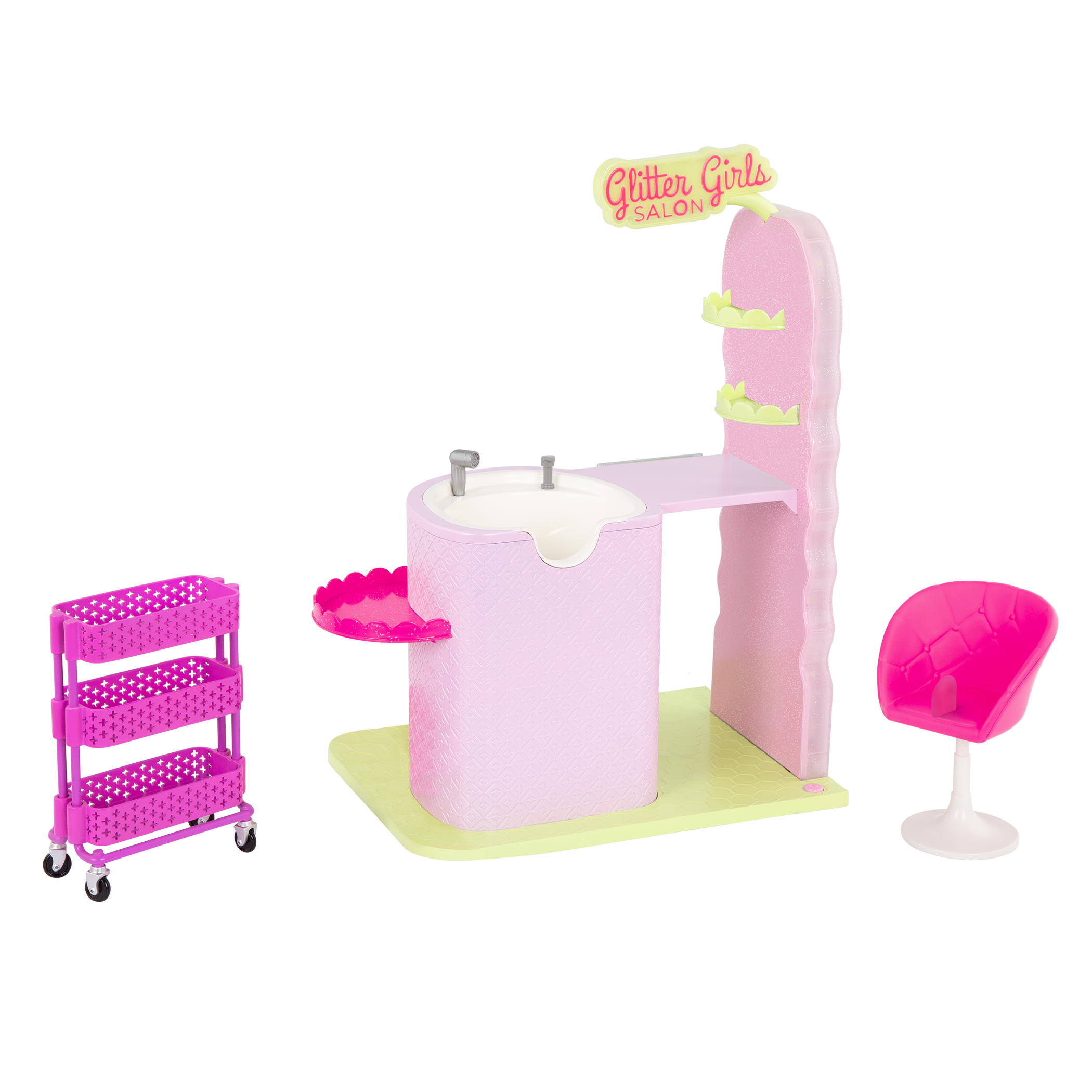 Two 14-inch dolls with hair salon playset