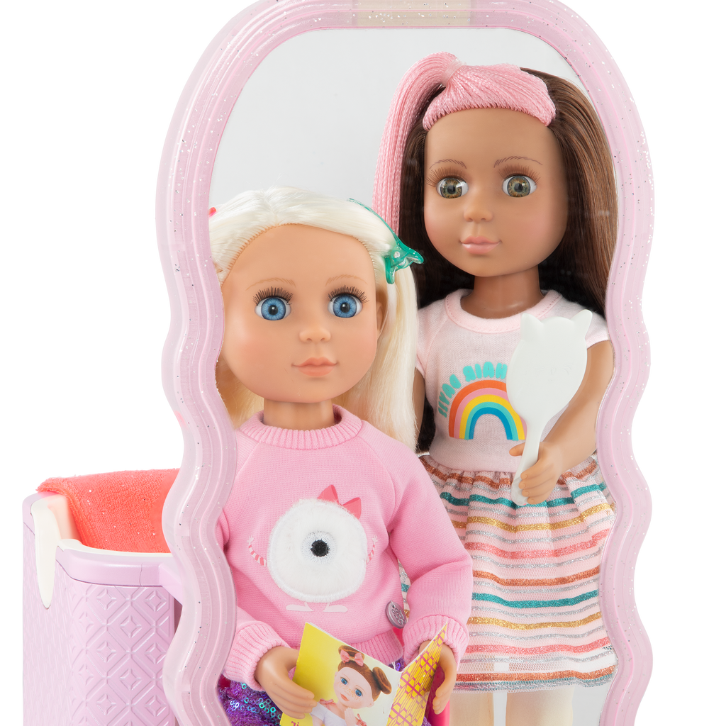 Two 14-inch dolls with hair salon playset