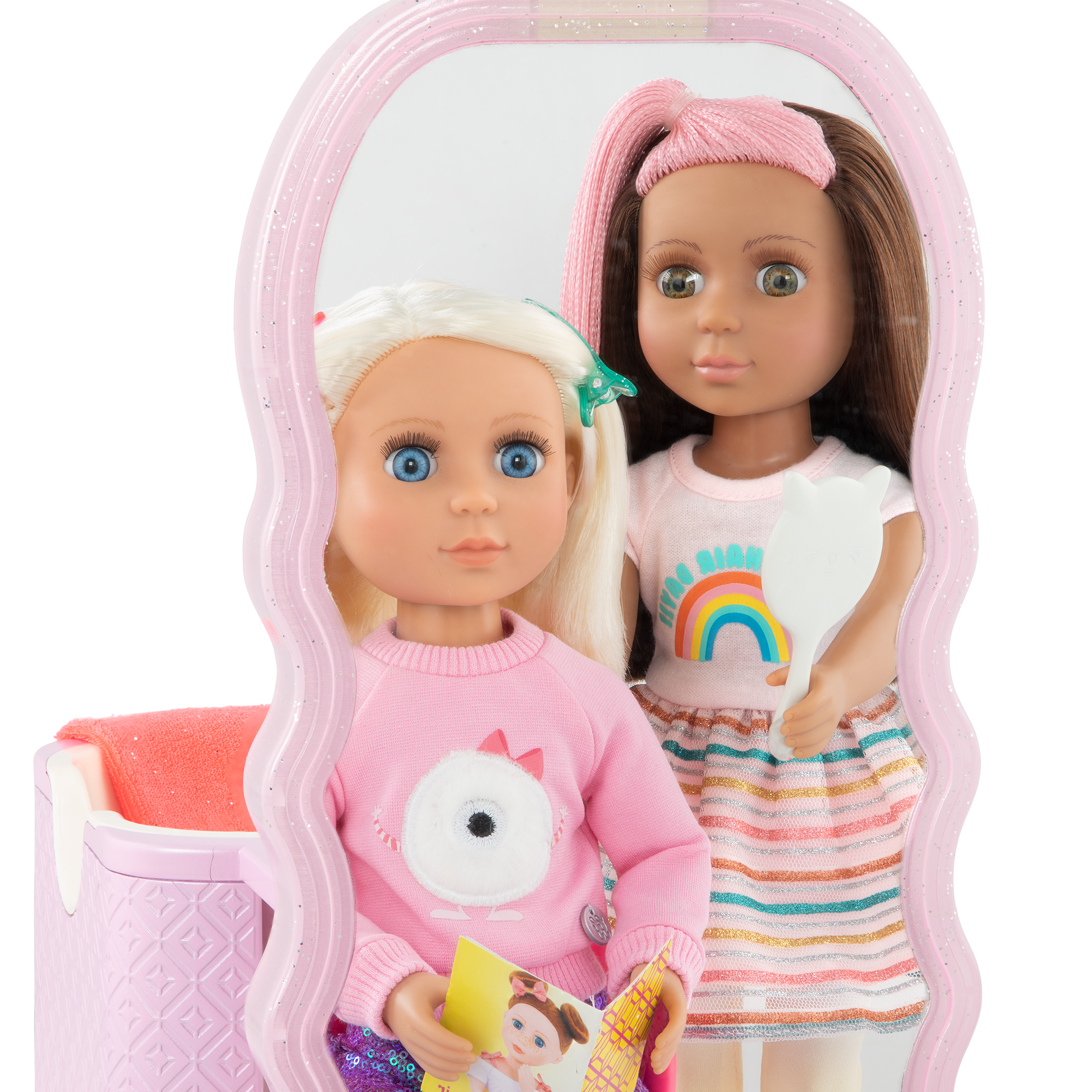 Two 14-inch dolls with hair salon playset