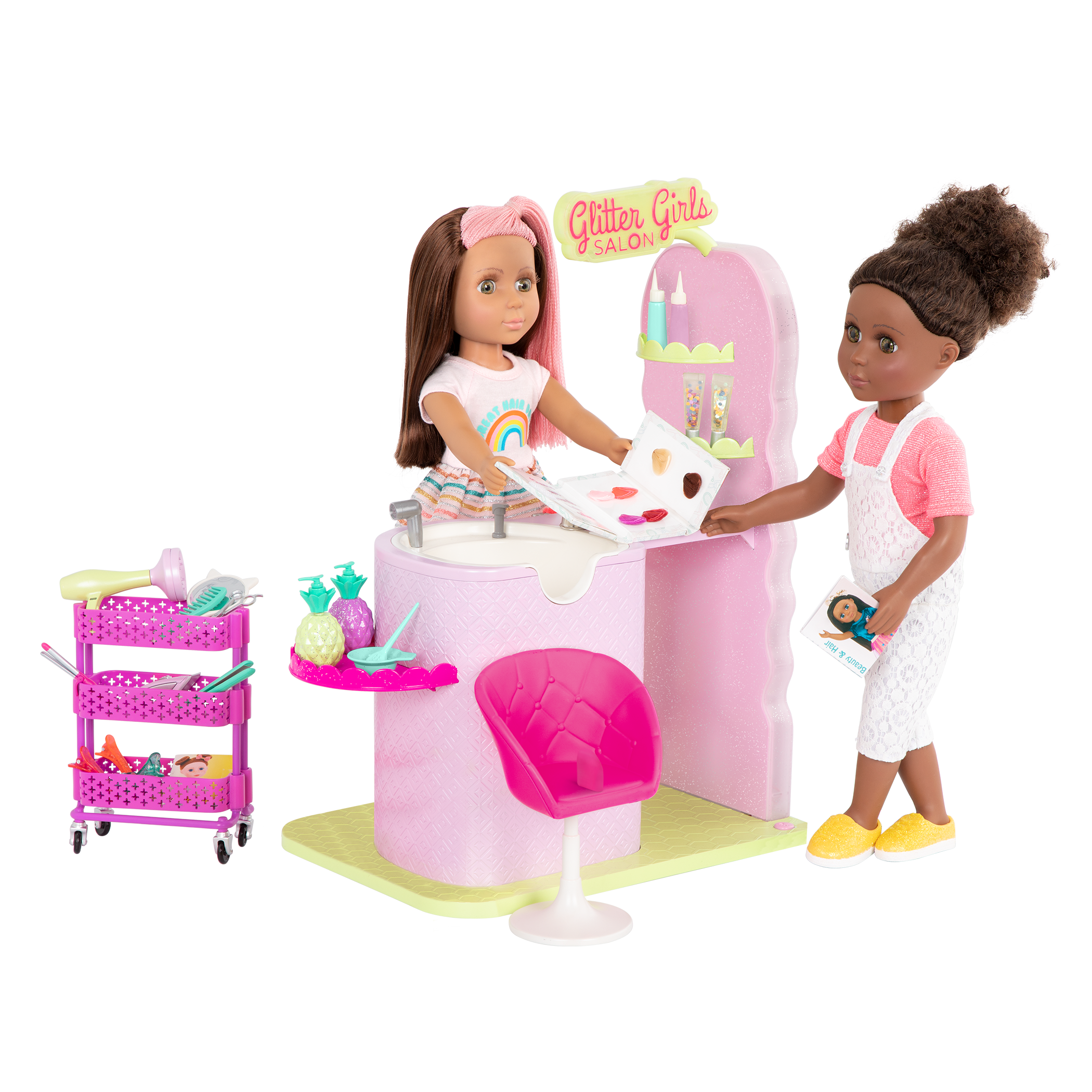 Two 14-inch dolls with hair salon playset