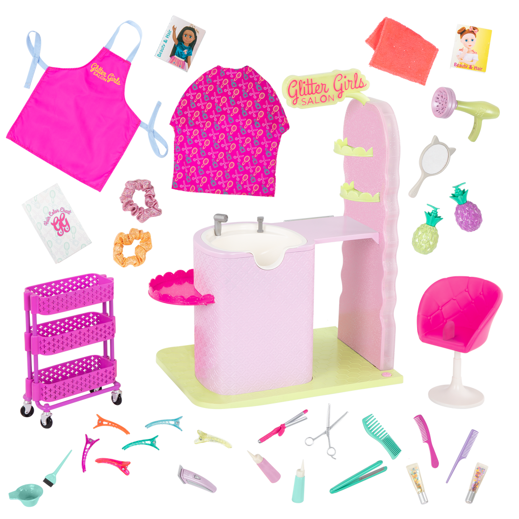 Two 14-inch dolls with hair salon playset