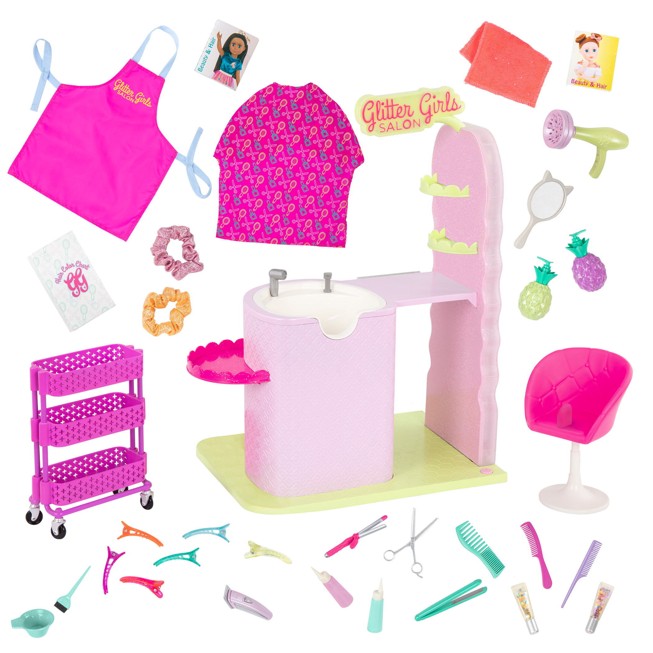 Two 14-inch dolls with hair salon playset