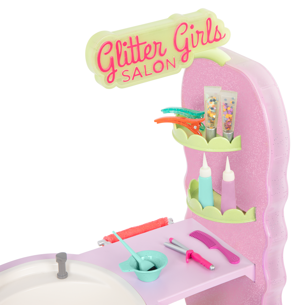Two 14-inch dolls with hair salon playset