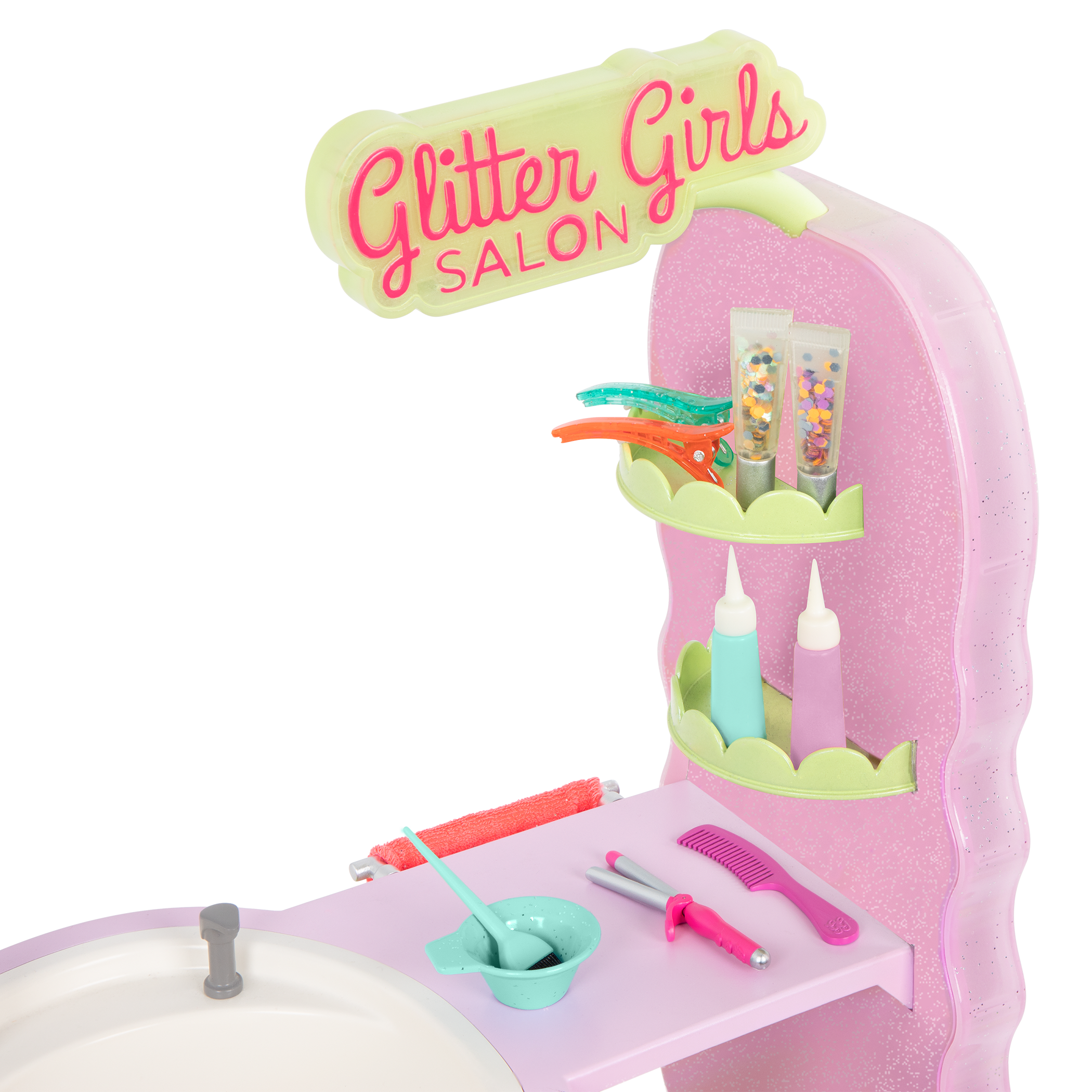 Two 14-inch dolls with hair salon playset