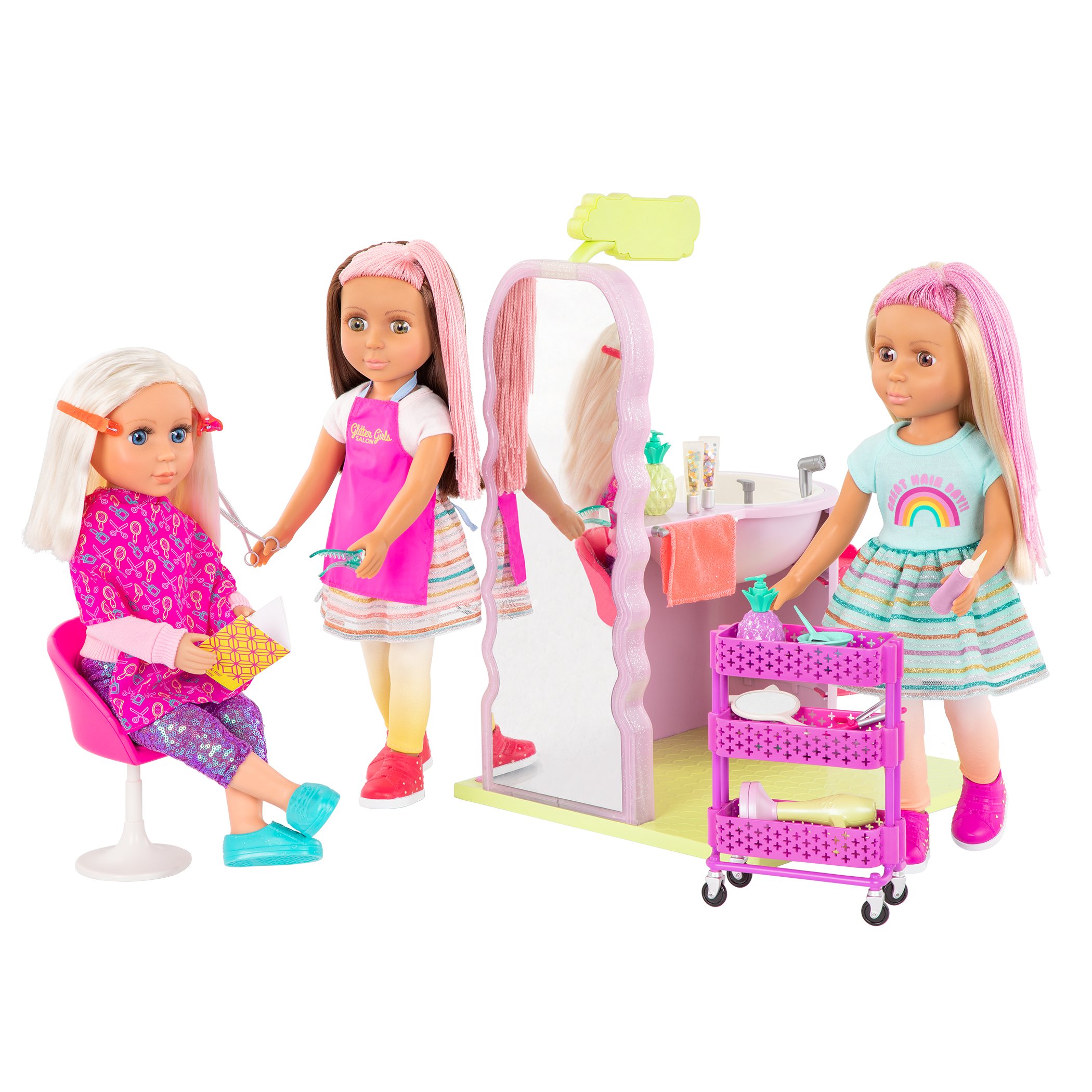 Two 14-inch dolls with hair salon playset