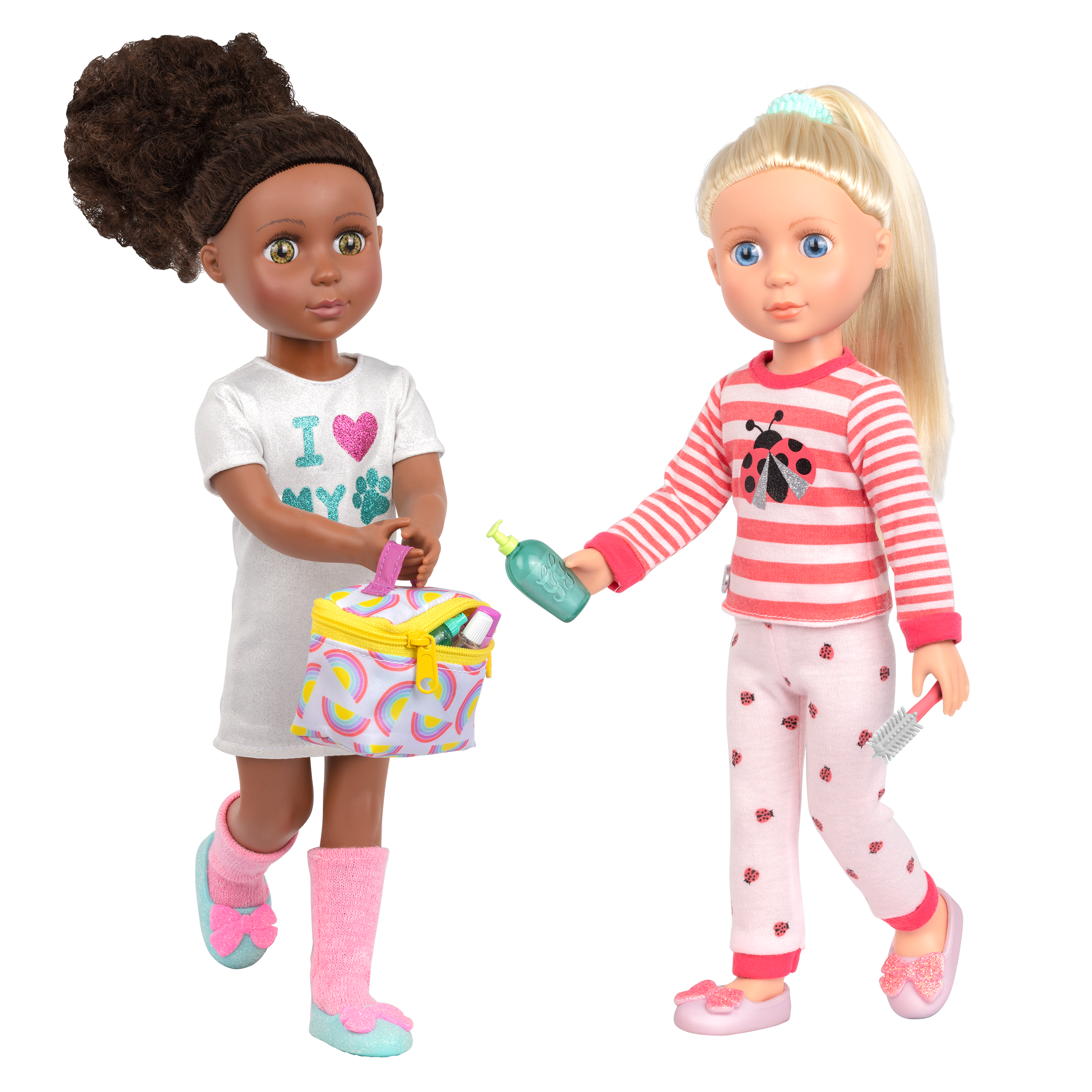 Two 14-inch dolls using travel bag and accessory playset