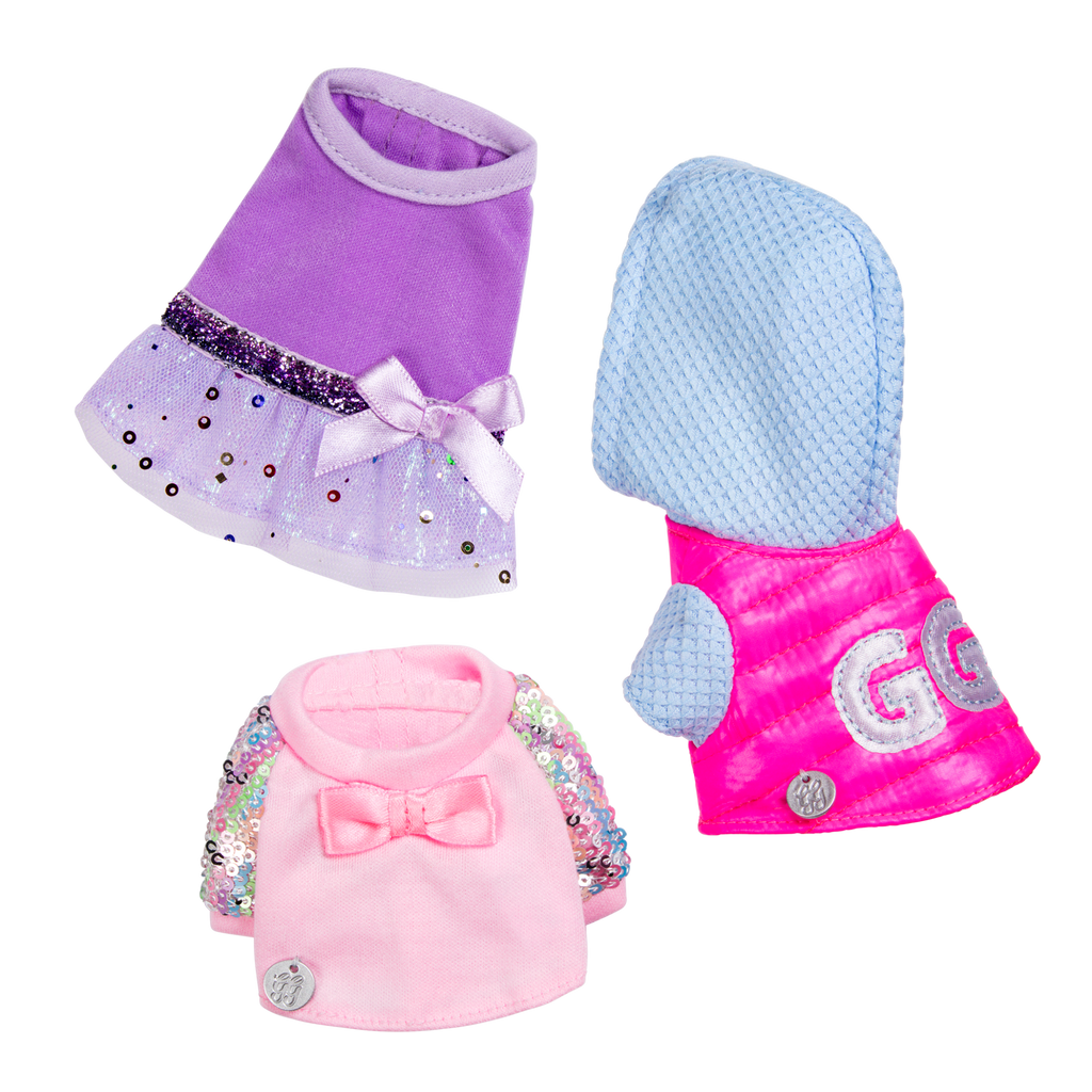 Set of three dog plushie outfits
