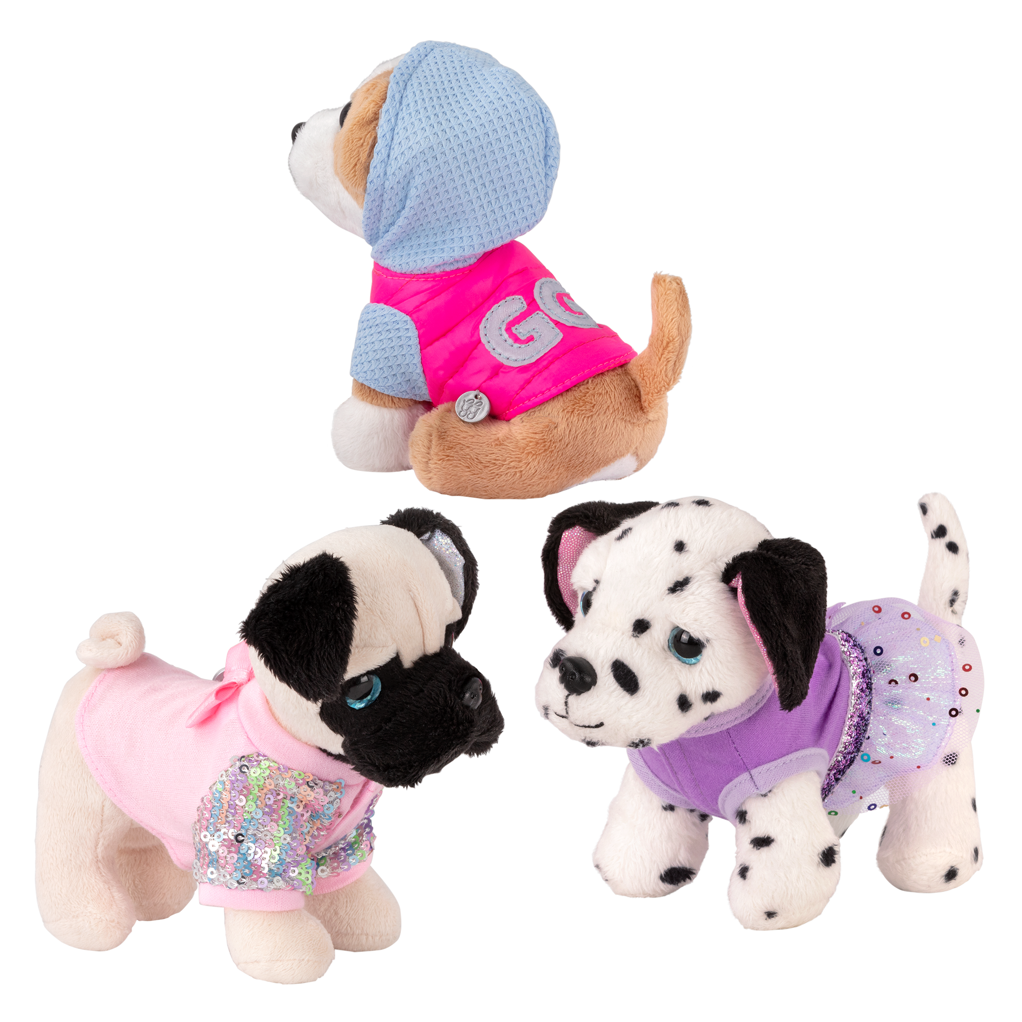 Set of three dog plushie outfits