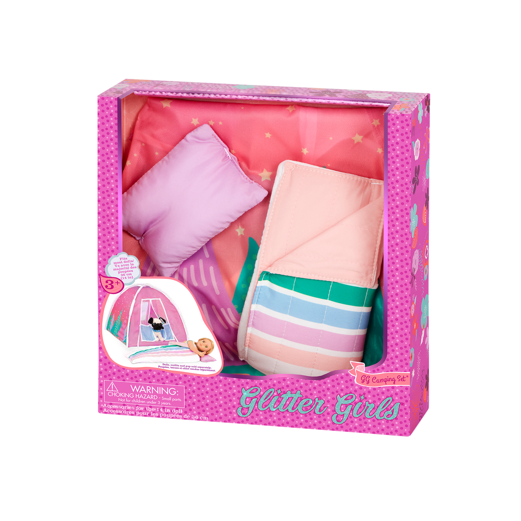 14-inch doll and dog plushie with camping playset