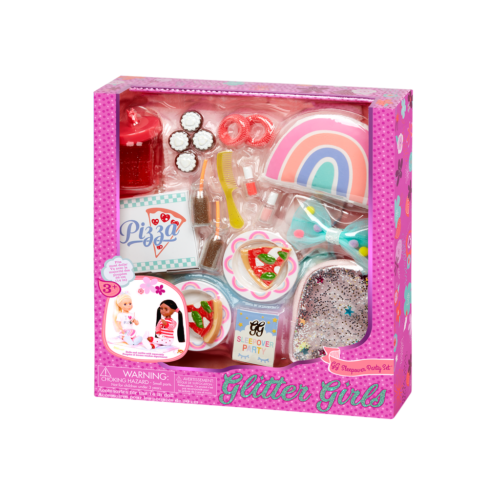 Two 14-inch dolls with sleepover party playset