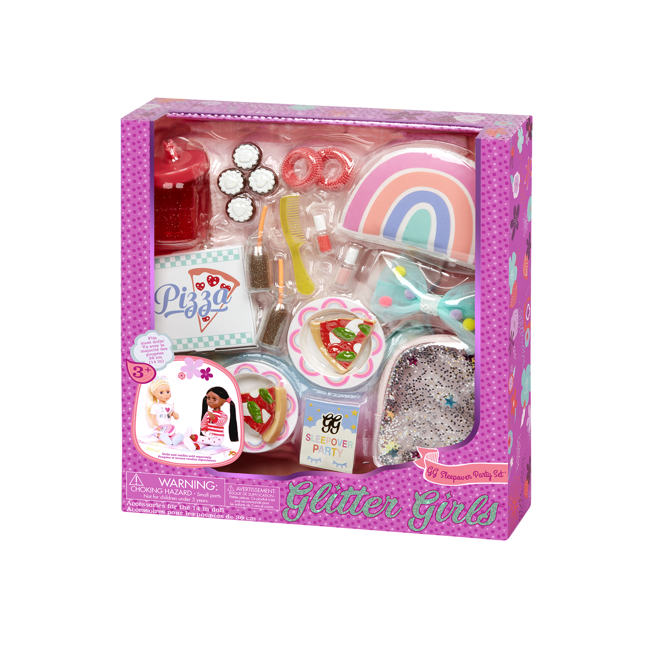 Two 14-inch dolls with sleepover party playset