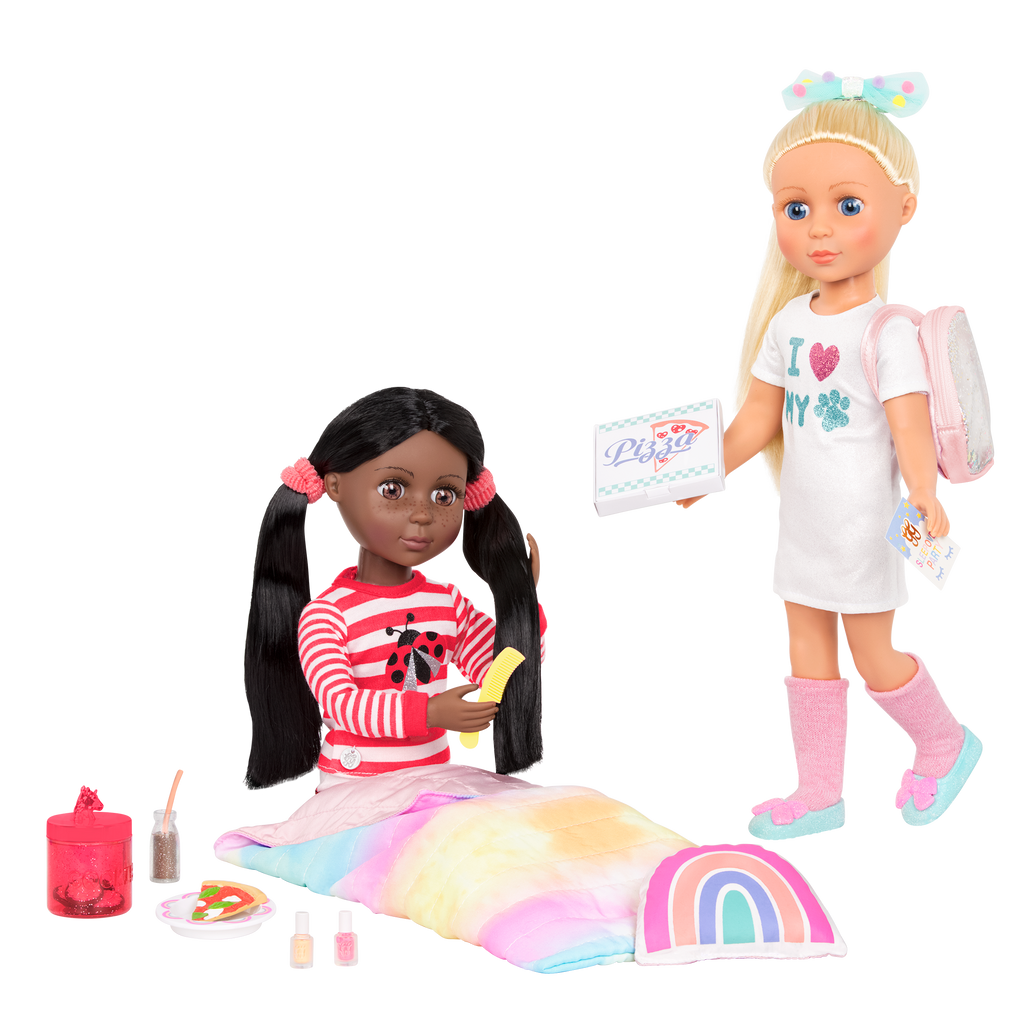 Two 14-inch dolls with sleepover party playset