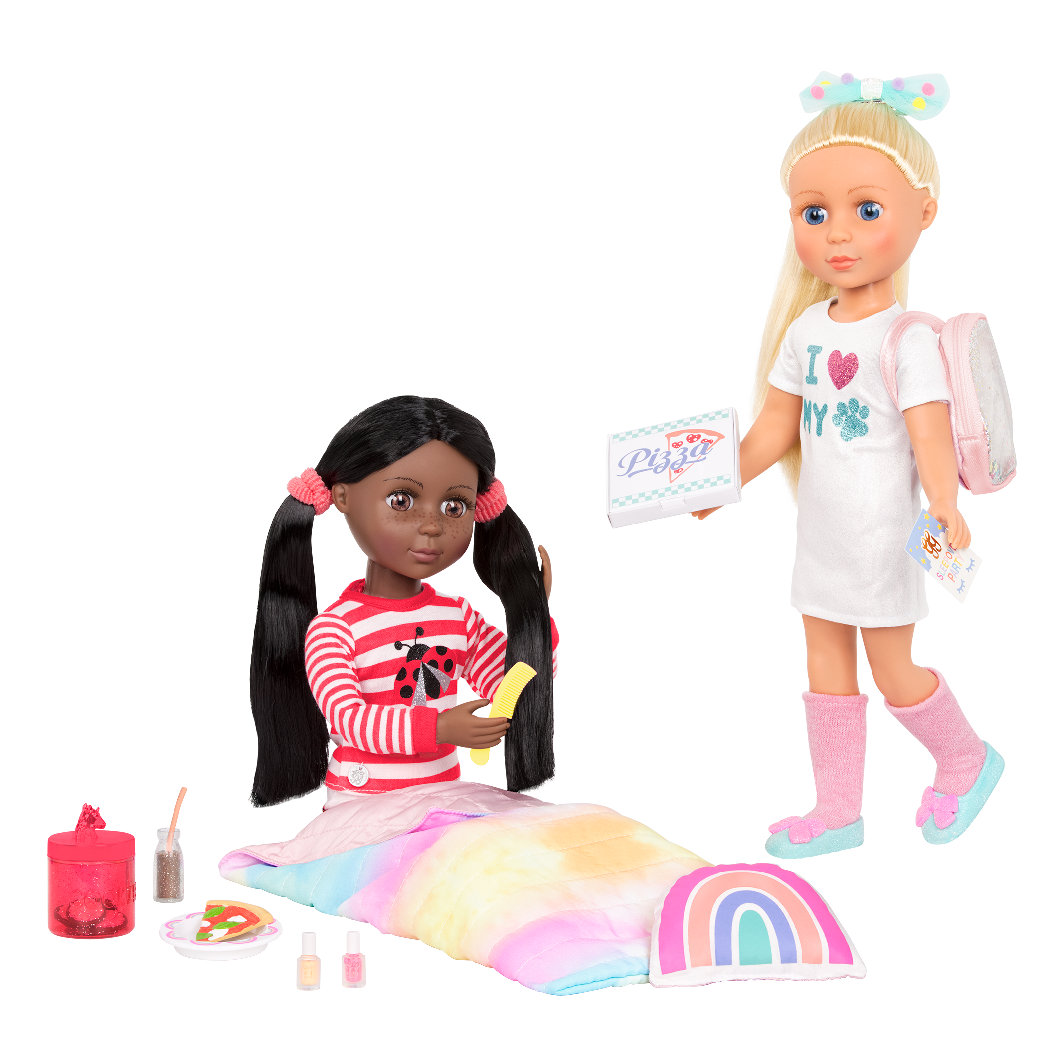 Two 14-inch dolls with sleepover party playset