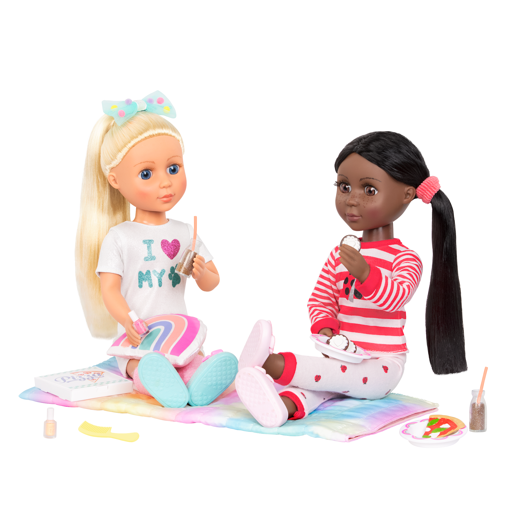 Two 14-inch dolls with sleepover party playset
