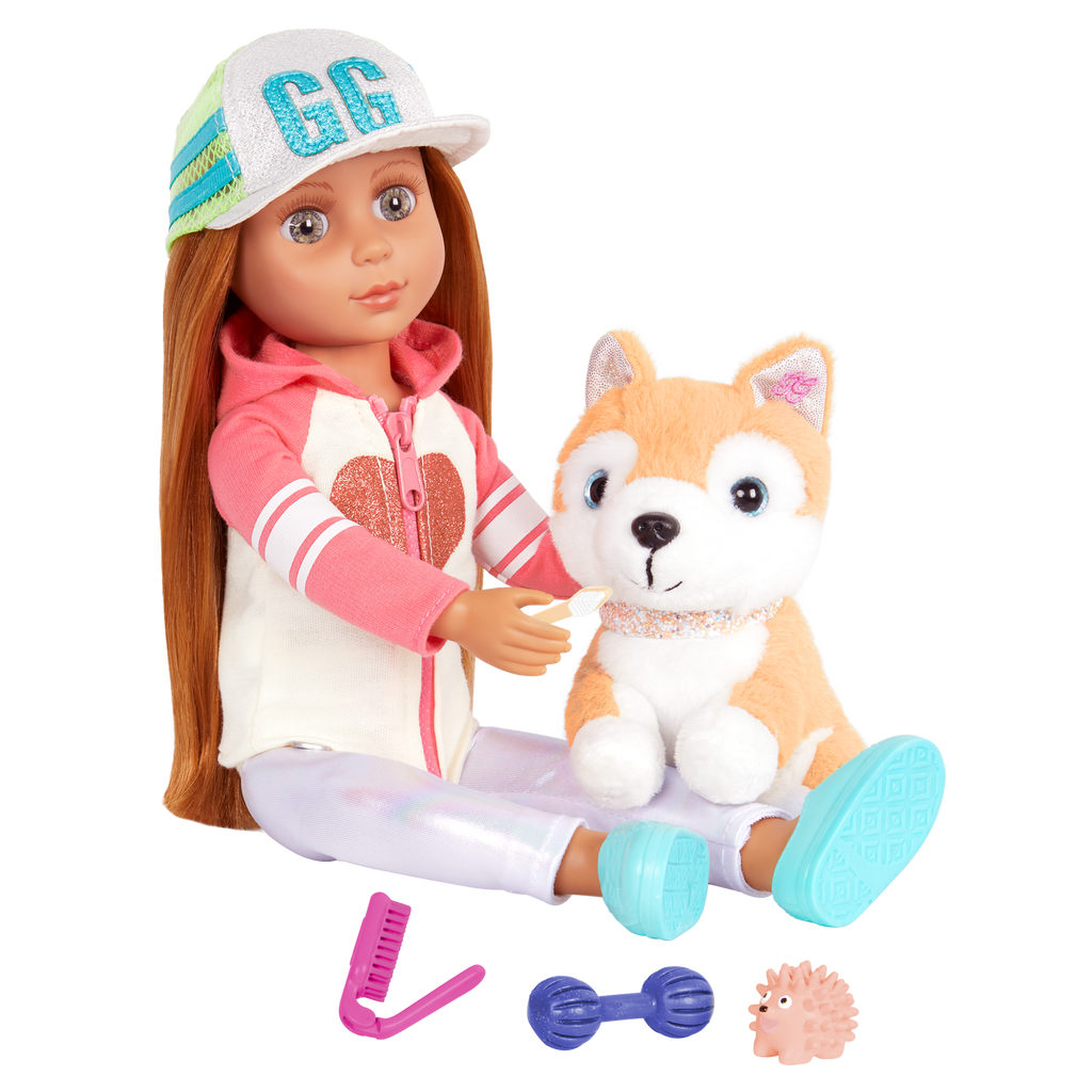 14-inch doll and Shiba Inu dog plushie with bedtime pet playset